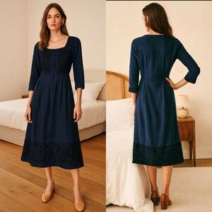 POETRY embroidered navy blue black linen midi dress lagenlook art to wear size 2